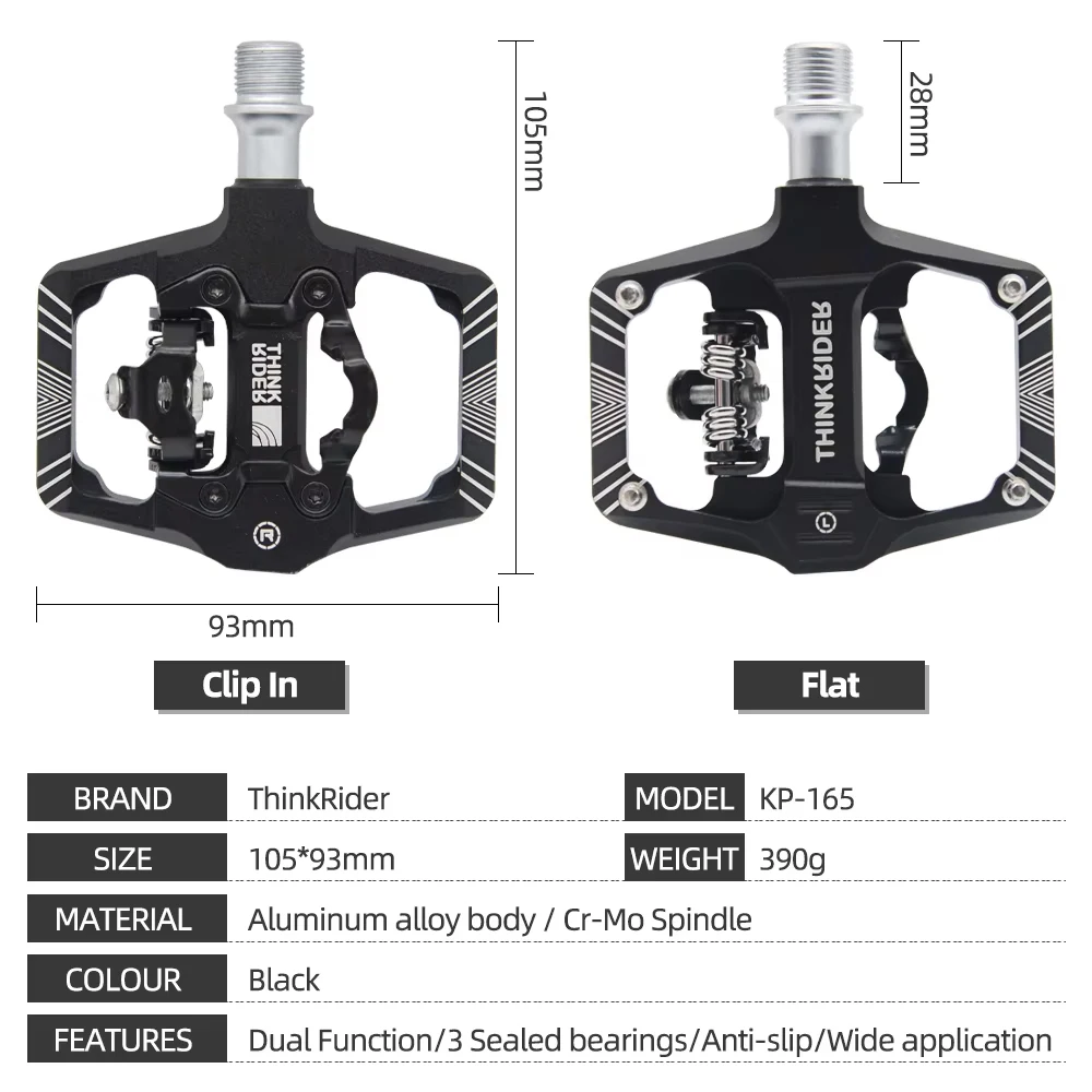 ThinkRider Pedal de bloqueo de bicicleta 2 en 1 con tacos gratis para sistema SPD MTB Road accesorios de bloqueo de rodamiento sellado antideslizante de aluminio