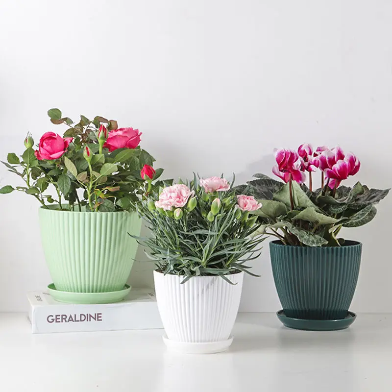 Maceta redonda para flores, maceta para plantas suculentas con bandeja, escritorio de oficina, balcón, decoración del jardín del hogar, maceta para exteriores, 5 tamaños