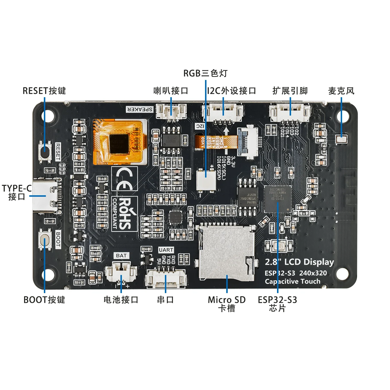 Placa de Desarrollo ESP32-S3 con Pantalla Táctil de 2.8 Pulgadas, Procesador de Doble Núcleo, WIFI, Bluetooth, Módulo de Pantalla Inteligente para Proyectos de IA