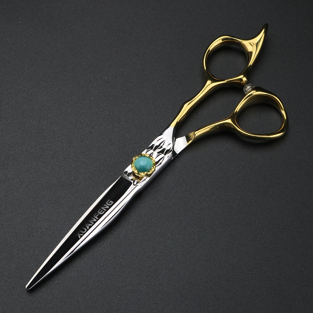 Tijeras para el cabello XUANTENG doradas de 6 pulgadas, tijeras para cortar tornillos de ágata verde y juego de tijeras para adelgazar