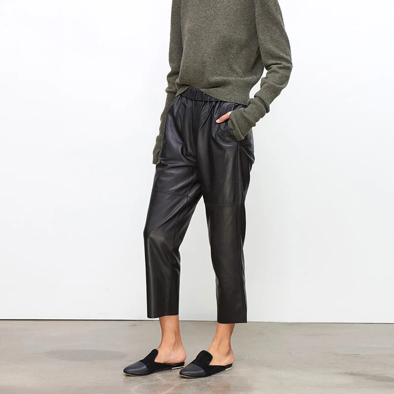 Pantalones Harem de Cuero Genuino para Mujer, Pantalones de Piel de Oveja Real, Cintura Alta Elástica, Nueva Moda Urbana 2026, Pantalones de Talla Grande, Moda Y2K