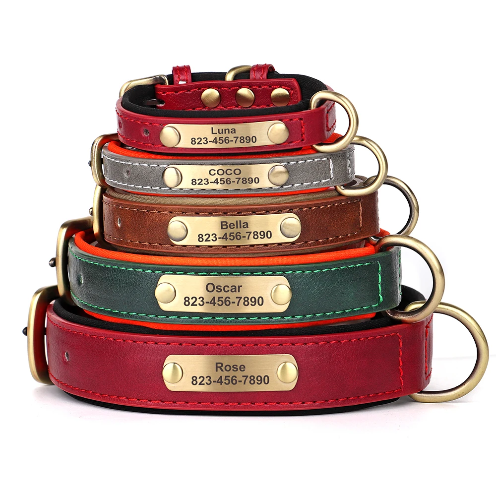 Collar de perro personalizado, collares de cuero PU grabados personalizados para perros, placa de identificación con grabado gratis para perros pequeños, medianos y grandes