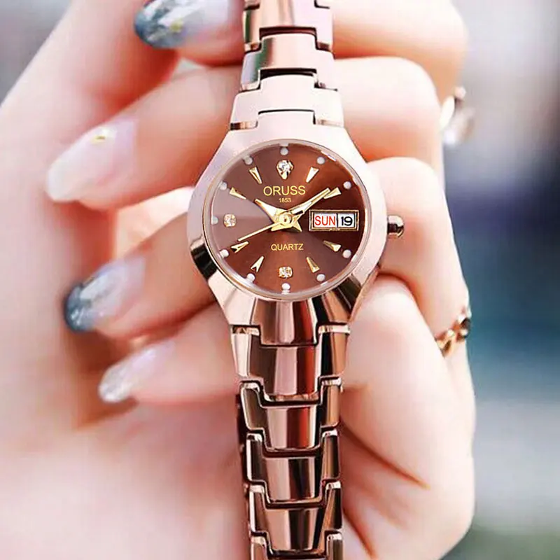 Reloj ORUSS de marca novedosa para mujer, reloj de cuarzo elegante de acero inoxidable resistente al agua con puntero luminoso y calendario semanal para mujer