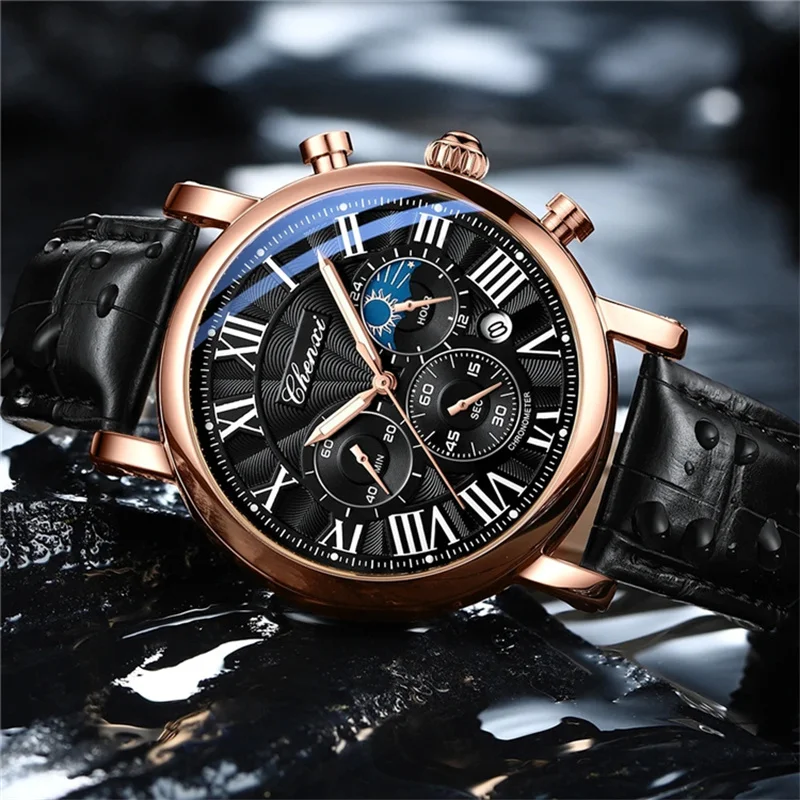 CHENXI 973 multifunción negocios fase lunar fecha impermeable Roma analógico importado hombres reloj de pulsera Dial relojes de cuero de cuarzo