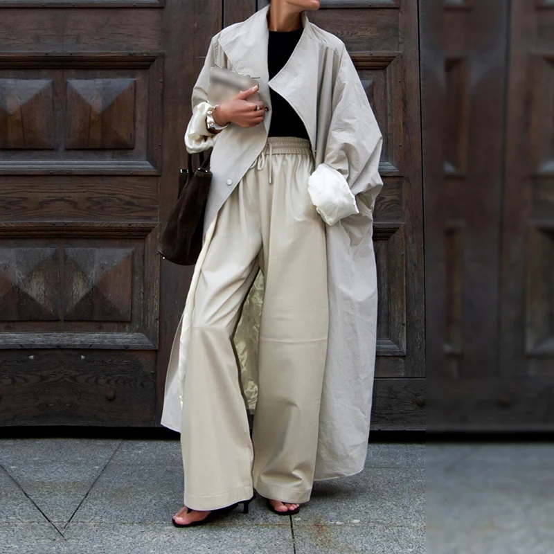 Gabardina Maxi Oversize con Cuello Convertible para Mujer, Botones a Presión, Manga Dolman, Bolsillos de Parche, Ropa Exterior, Nueva Chaqueta de Gabardina para Dama