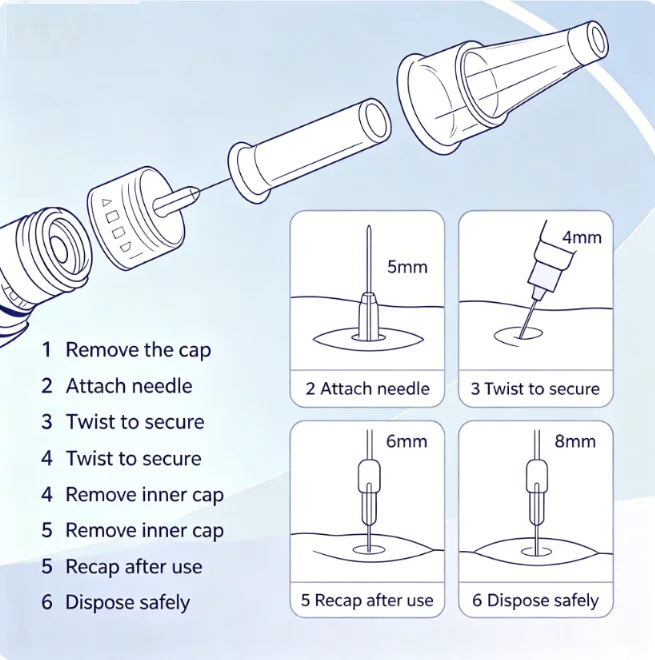 100 Agujas Desechables para Pluma de Insulina 31G 32G 4mm 5mm 6mm 8mm, Pared Ultrafina, Esterilizadas con EO, Compatibles Universalmente con la Mayoría de las Plumas de Insulina, Empaquetadas Individualmente