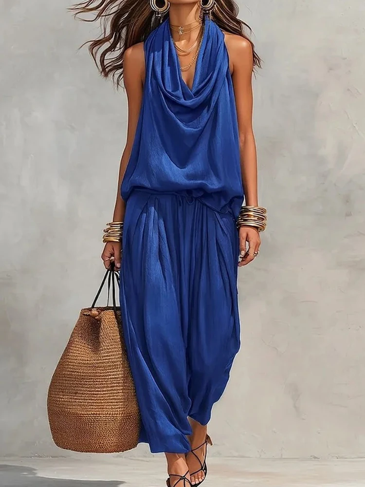 Conjunto de Dos Piezas para Mujer, Verano, Sin Mangas, Cuello Alto, Pantalones Largos, Estilo Casual, Elegante, para Vacaciones