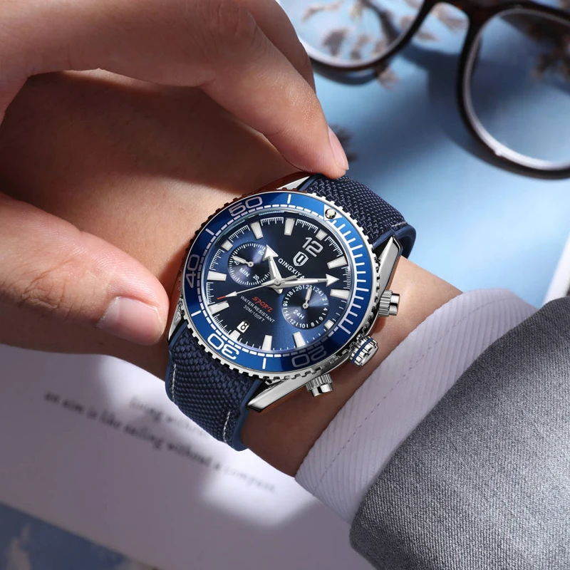 Reloj de cuarzo multifuncional de lujo de marca QINGXIYA, correa de silicona para hombre, relojes cronógrafo luminosos resistentes al agua, reloj deportivo para hombre