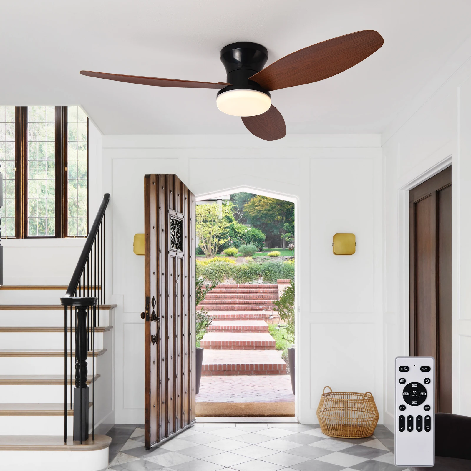 Ventilador de techo con luz 3 colores, 6 velocidades, sincronización, ventilador de techo con control remoto 3 aspas para cocina dormitorio comedor