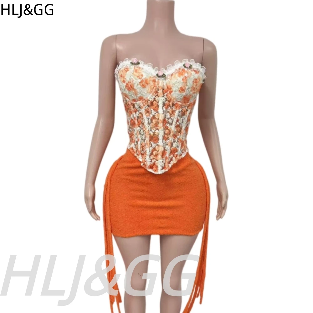 HLJ&GG-Conjunto de dos piezas con corsé bordado de flores y encaje para mujer, Top ajustado con hombros descubiertos y minifaldas con borlas, ropa de calle