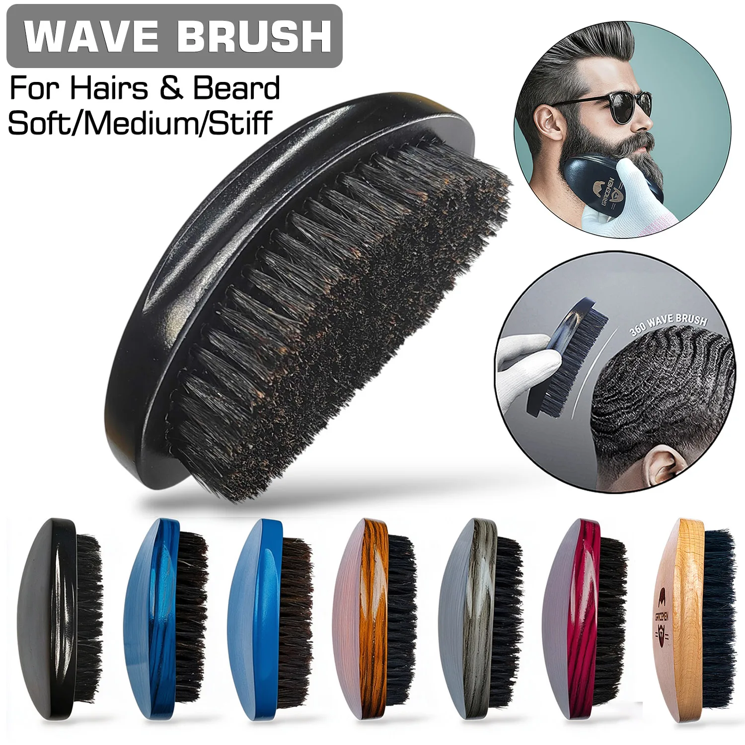 Cepillo Gracemen 360 Wave para Hombres Afro, Cepillo Curvo de Madera con Cerdas de Jabalí y Nylon de Dureza Suave/Media/Dura para Barba y Cabello