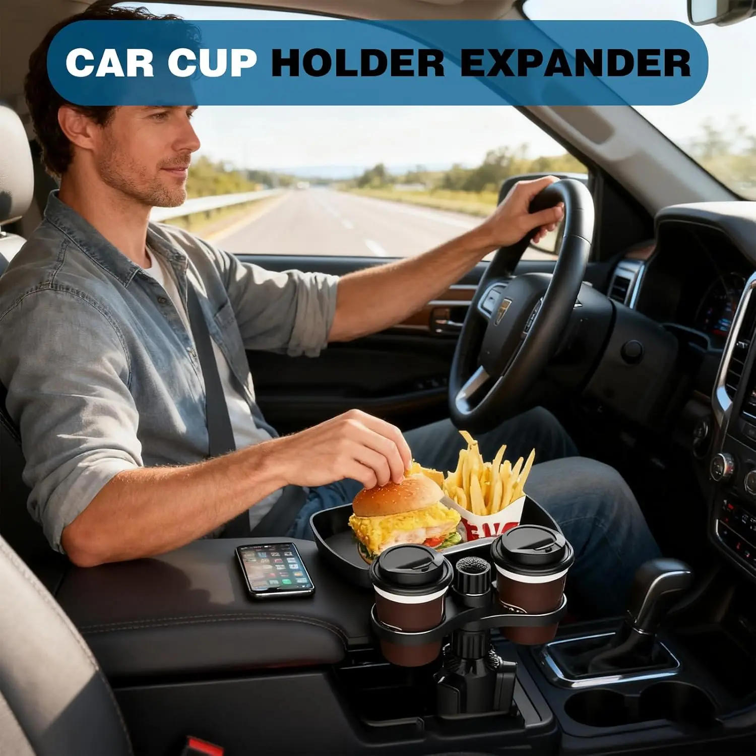 Expansor de portavasos doble ajustable para asiento de coche, soporte de taza multifuncional giratorio de 360 °, bandeja para aperitivos, soporte para bebidas