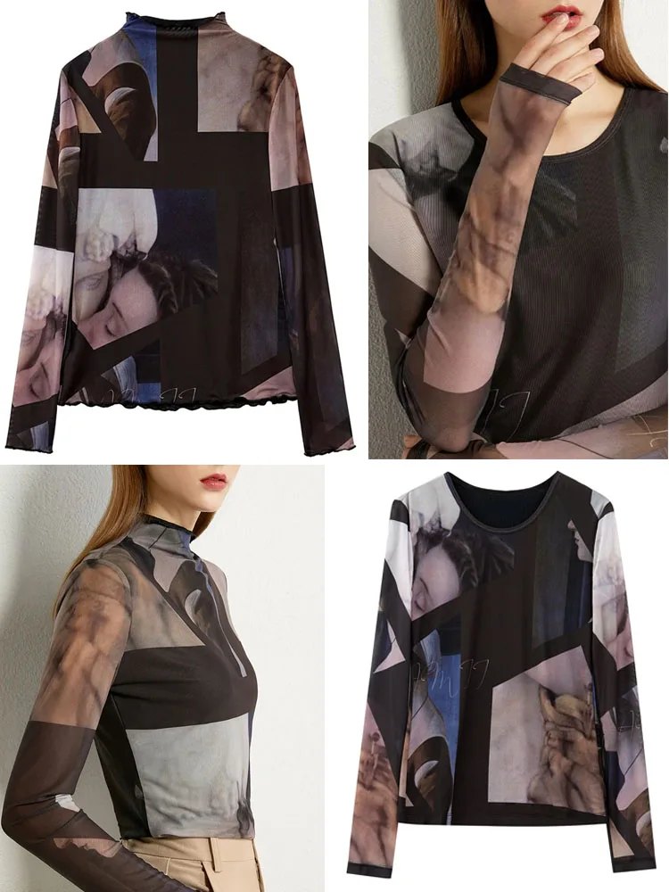 Camisetas de manga larga minimalistas AMII para mujer, novedad de otoño 2026, camiseta interior con estampado de malla, tops ajustados de moda 12421003
