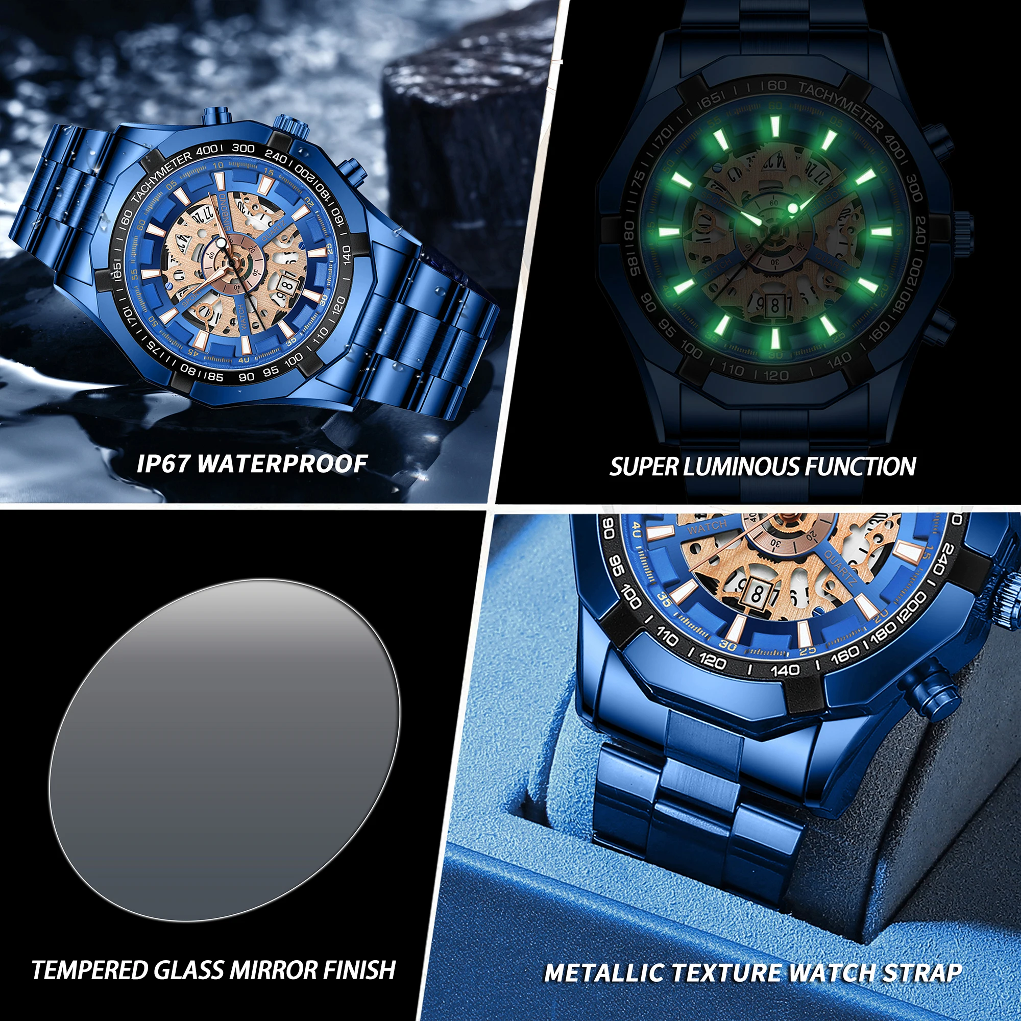 Reloj de Pulsera de Cuarzo BINBOND de Lujo con Diseño Hueco para Hombre, Luminoso, Resistente al Agua, Reloj Deportivo y de Negocios, Reloj para Hombre