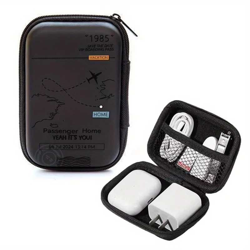 Bolsa de almacenamiento rígida EVA con estampado de rutas de aviones |   Organizador de Viaje con Cierre Anti-caídas para Dispositivos Electrónicos, Auriculares, Discos Duros y Cables
