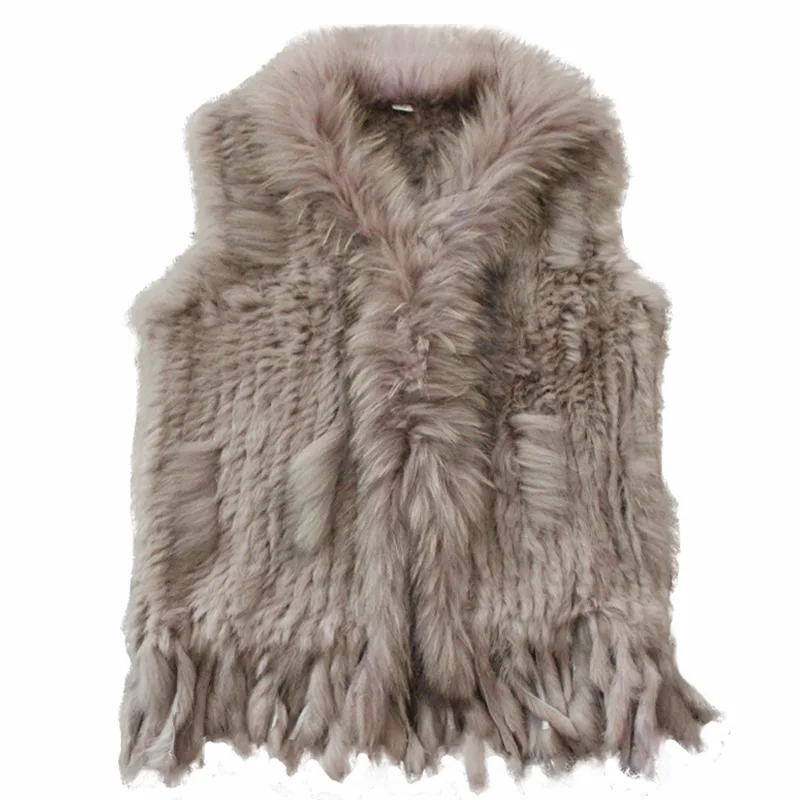 Chaleco de piel de conejo natural para mujer Harppihop con cuello de piel de mapache, chaleco/chaqueta de piel de conejo rex tejida para invierno.