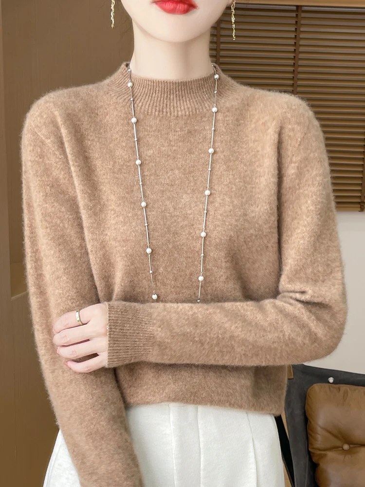Suéter de lana de 100% a la moda para mujer, prendas de punto con cuello simulado, jerséis de Cachemira, jerséis de manga larga para otoño e invierno, Tops