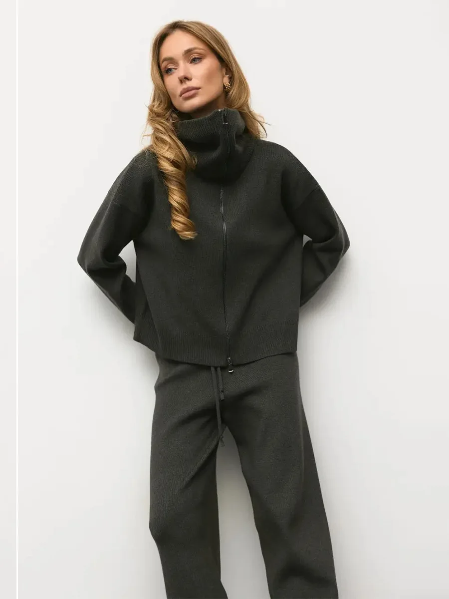 Conjunto de Punto con Capucha Wolfeel, Otoño/Invierno 2026, Nuevo Conjunto Casual de Dos Piezas con Top con Cierre y Pantalones Anchos con Cordón