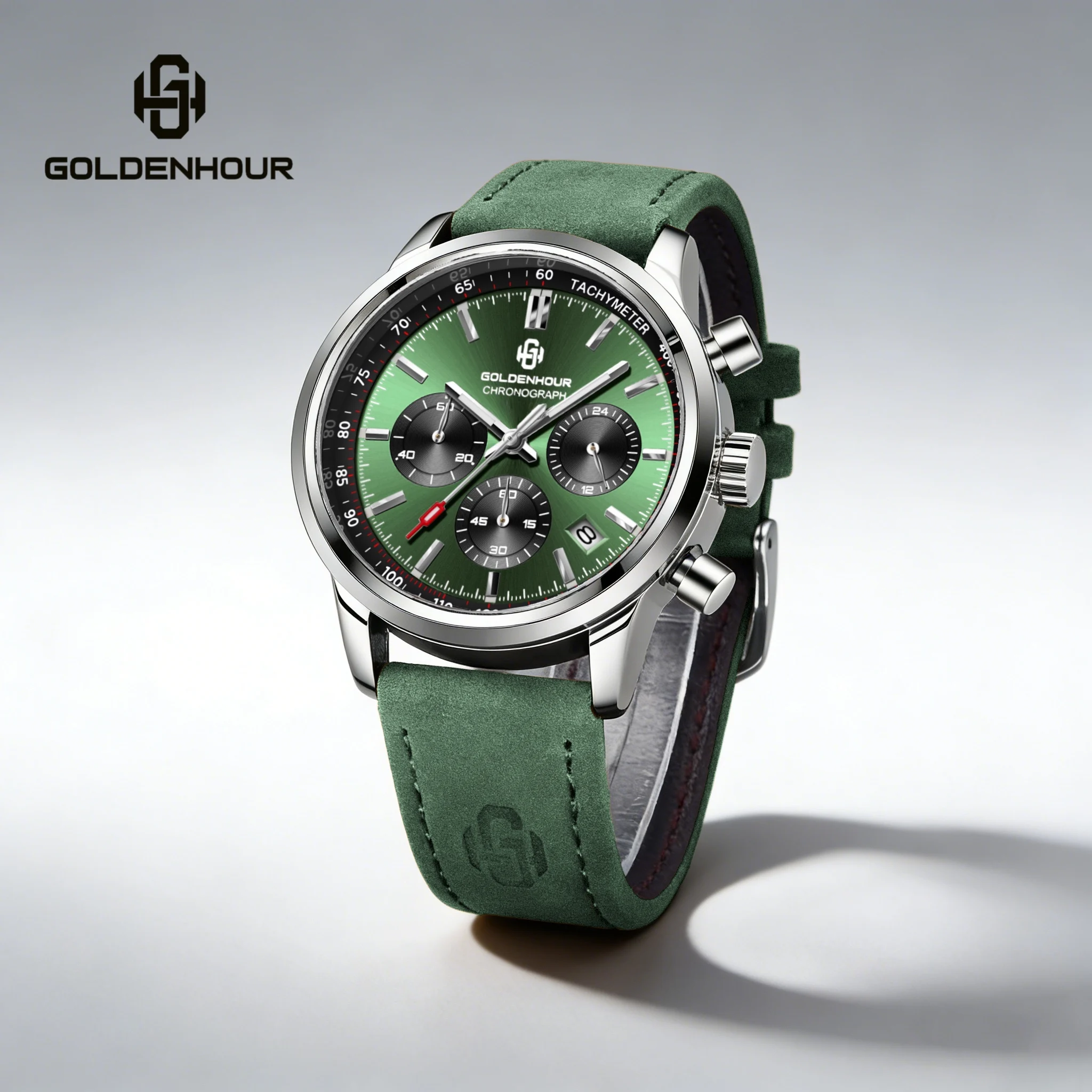 Reloj de lujo para hombre GOLDENHOUR, cronógrafo verde, cuarzo, cuero, resistente al agua, luminoso, reloj de pulsera deportivo militar, reloj Masculino