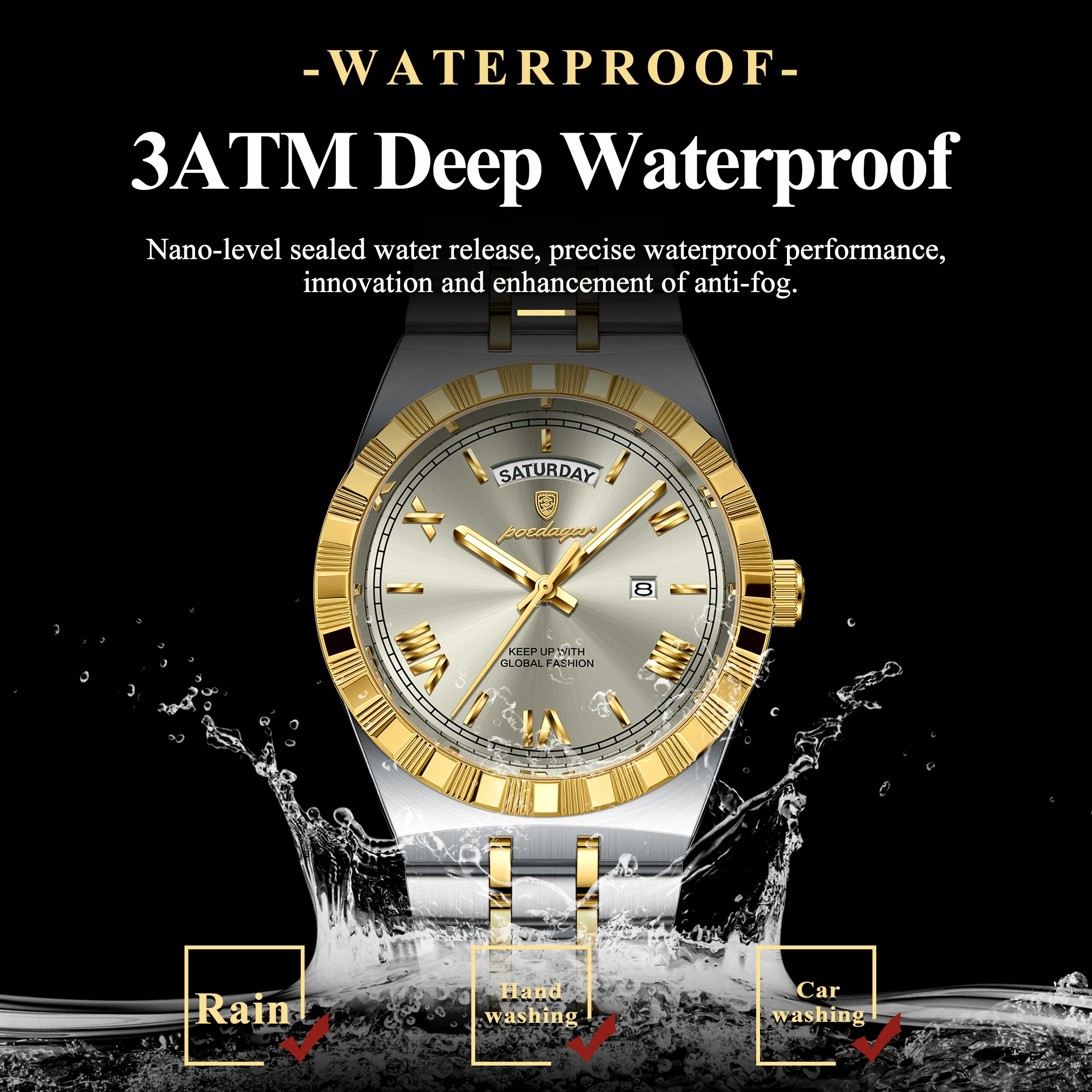 POEDAGAR, reloj de negocios a la moda para hombre, luminoso, resistente al agua, fecha semanal, reloj de pulsera de lujo para hombre, relojes de cuarzo de acero inoxidable para hombre