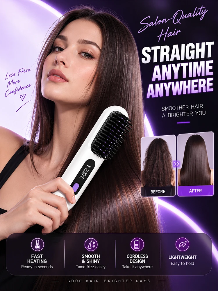 Cepillo Alisador de Cabello Inalámbrico, Peine Alisador Eléctrico Recargable, 4 Niveles de Temperatura, Pantalla Digital, Estilizador de Cabello Portátil