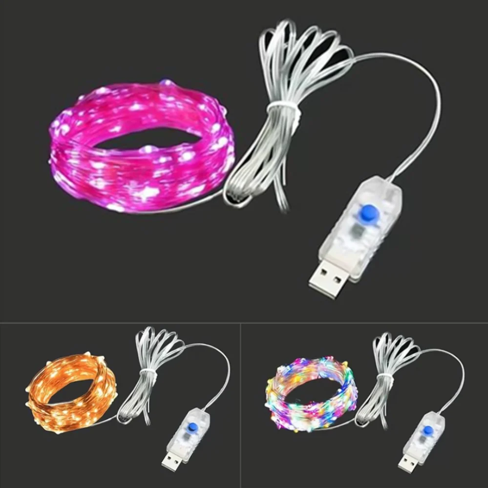 Guirnalda de luces LED con cable plateado, luces LED alimentadas por USB, guirnalda impermeable para exteriores, decoración DIY para fiestas de Navidad y bodas