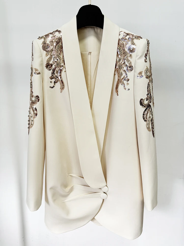 HIGH STREET Última Moda 2026 Vestido de Diseñador para Mujer con Cuello Chal y Adornos de Cuentas, Estilo Blazer Drapeado