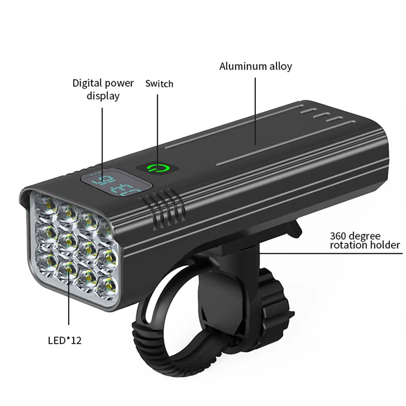 Luz LED para bicicleta de 10000mAh, juego recargable por USB, resaltado delantero y trasero para bicicleta de montaña, linterna para faro LED 12 *