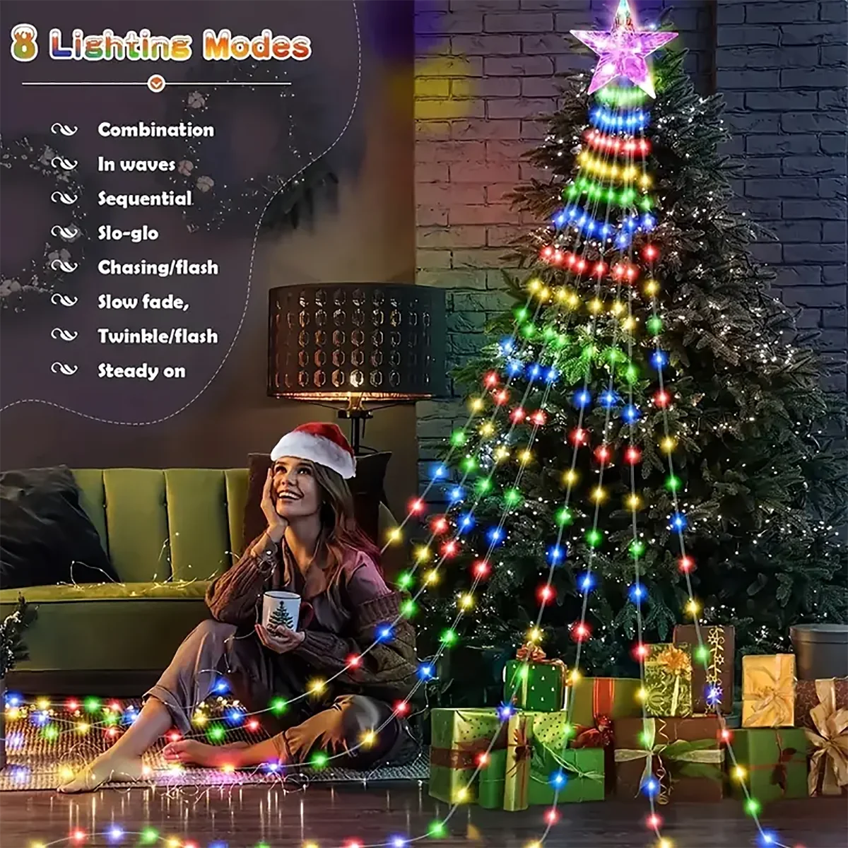 Pentagrama de Navidad, cadena de luces impermeable, decoraciones solares para festivales al aire libre, lámpara de hadas Led de 3M/2M, 8 modos, fiesta familiar Holida