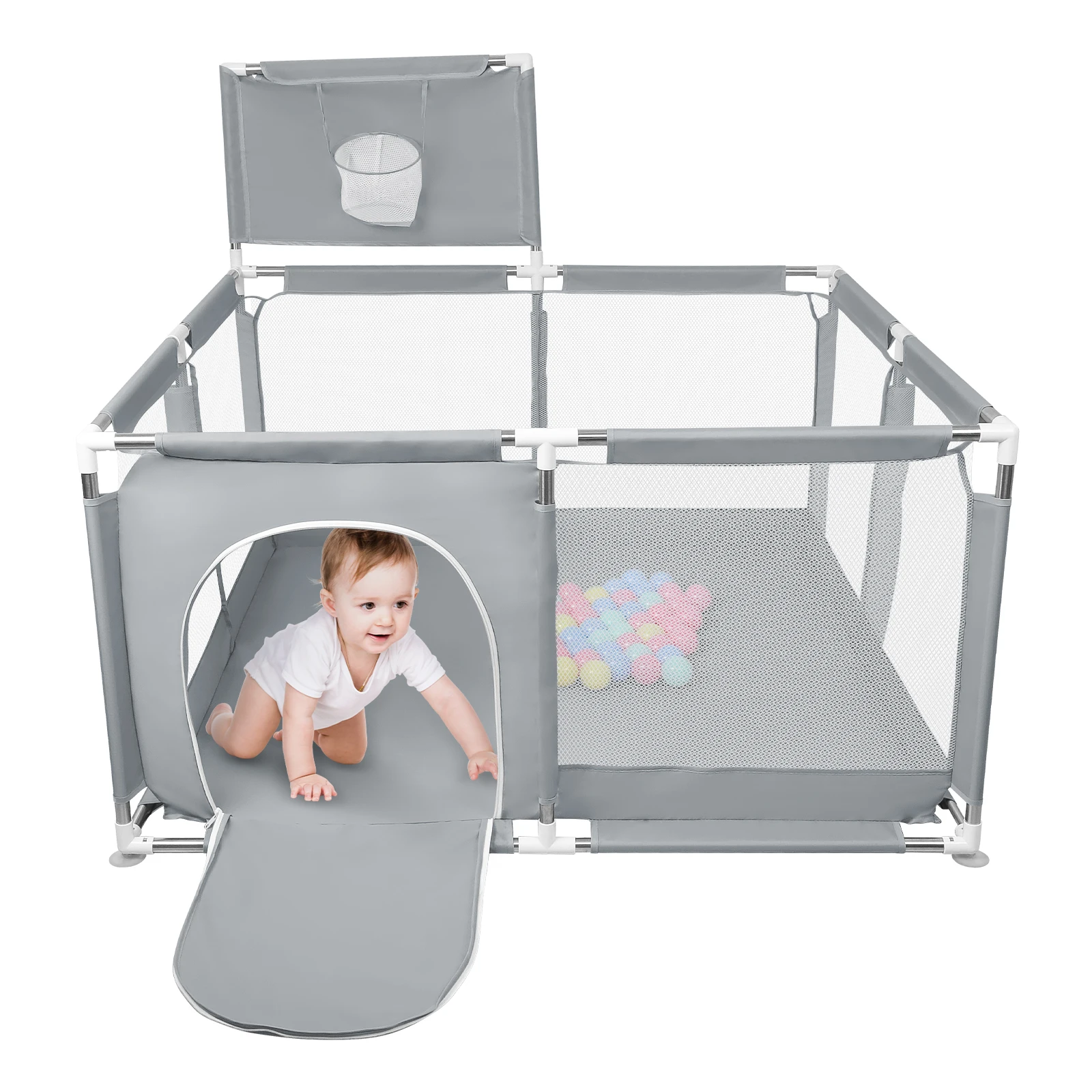 Corralito para bebés, corralito infantil, piscina de pelotas para bebés, con canasta de baloncesto, 126x126x66cm y como ayuda para caminar.