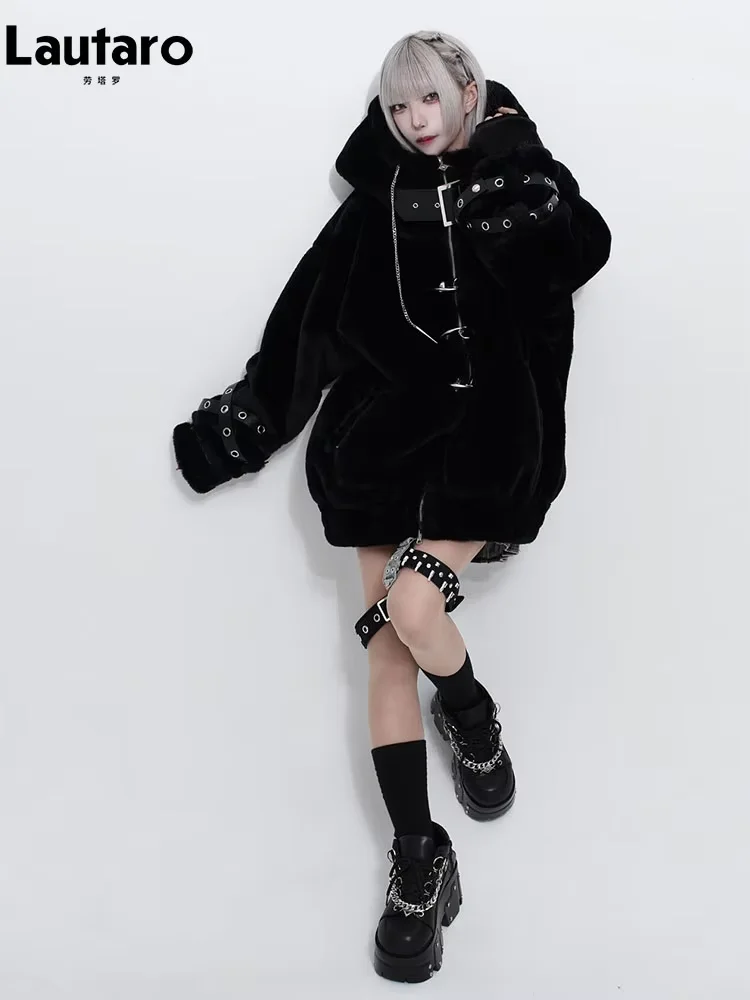 Abrigo de Piel Sintética Grueso y Cálido para Mujer, Otoño-Invierno, con Capucha y Cremallera, Estilo Japonés de Lujo, Punk Harajuku, Chaqueta Esponjosa 2026