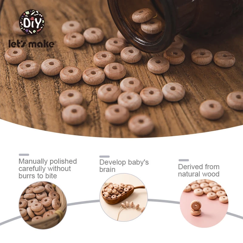 Let's Make-Cuentas de Ábaco de haya para bebé, collar de cuentas de madera de 10mm, mordedor de grado alimenticio DIY, accesorios de cadena de madera para pezones, 50 piezas