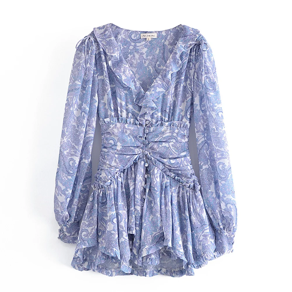 Vestido mini de gasa con estampado floral azul para mujer, con volantes de oreja de madera, cuello en V, botones abiertos, cintura fruncida delgada, manga larga, estilo festivo