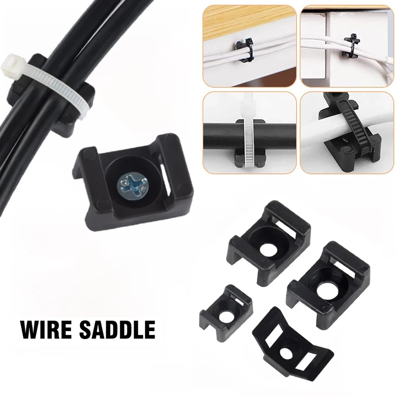 100 unidades de clips de sujeción para cables tipo silla de montar, base de montaje con tornillo, organizador de cables, retardante, negro HC-1/2S/4