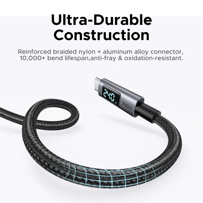 UGREEN Pantalla digital Cable USB-C 240W PD3.1 Cable tipo C para computadora portátil MacBook iPhone 17 Samsung S25 Xiaomi Cargador rápido