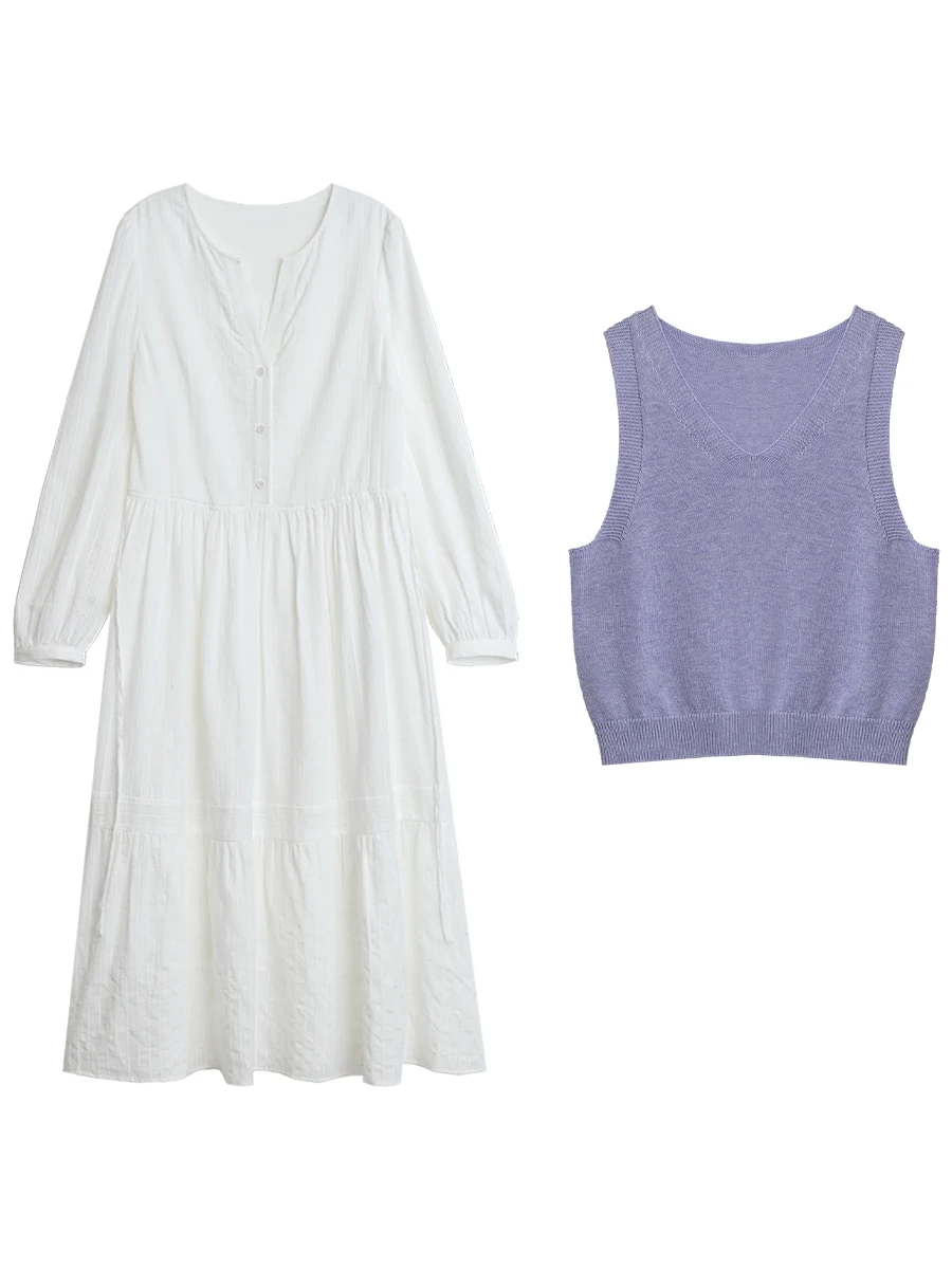 Conjunto de Vestido CHIC VEN para Mujer, Vestido Largo Casual Holgado de Manga Larga con Chaleco de Punto, Primavera Otoño 2026