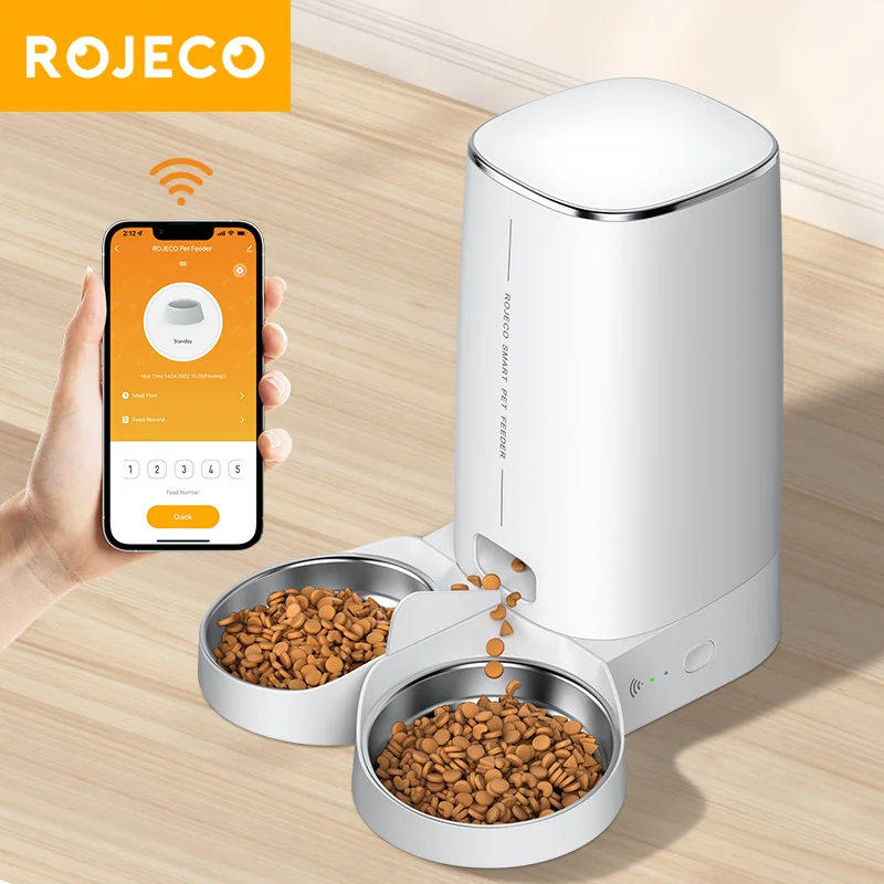 ROJECO-comedero automático para gatos, dispensador inteligente de comida para gatos, con Control remoto, WiFi, doble alimentador para gatos y perros, accesorios