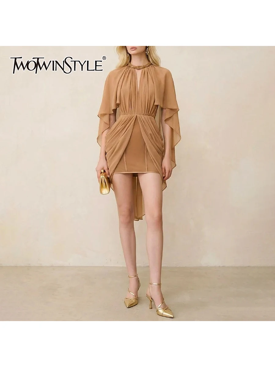 TWOTWINSTYLE Vestido Mini de Moda para Mujer con Diseño Hueco, Cuello Redondo, Manga Capa, Cintura Alta y Efecto Adelgazante, Color Liso, Moda Femenina 2026