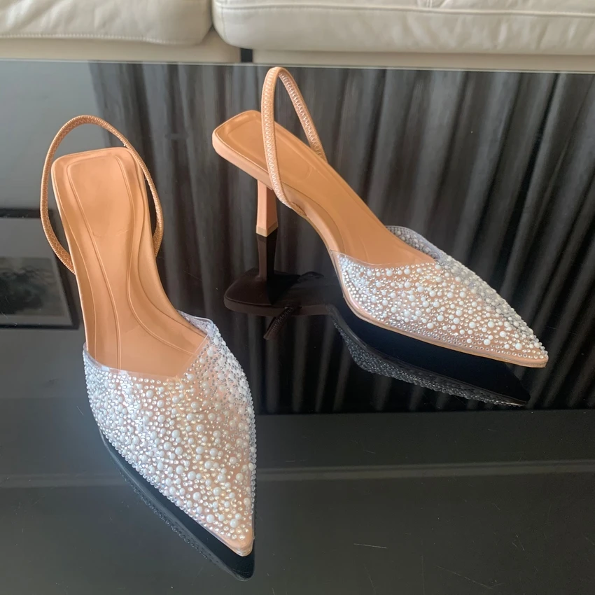Moda de verano 2024, tacones altos para mujer, decoración de perlas, zapatos de tacón con talón descubierto para mujer, Sandalias de tacón alto con punta estrecha, zapatos elegantes para mujer