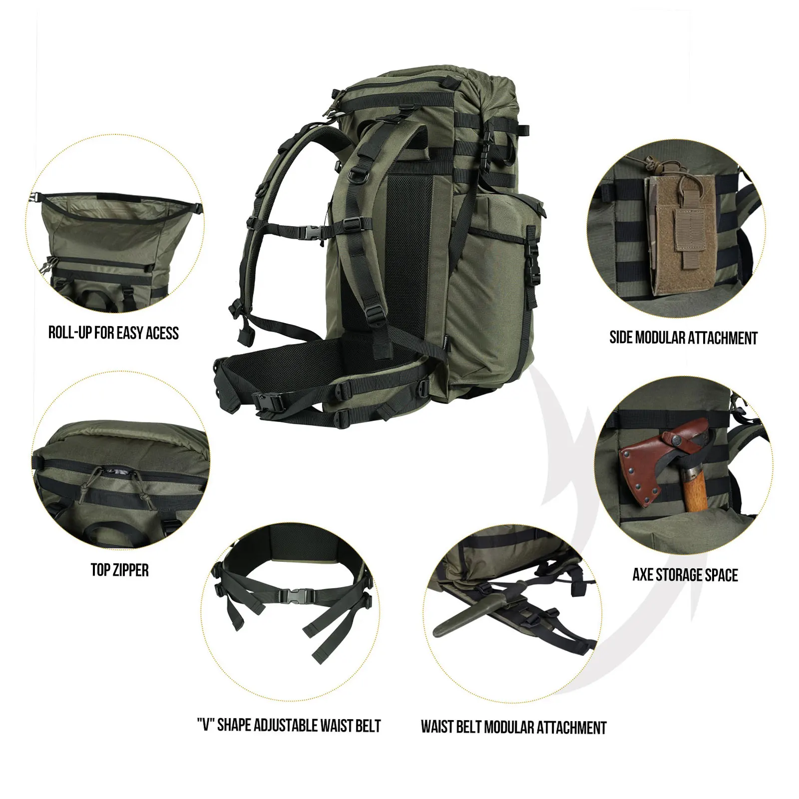 OneTigris WILD ROCKET Bushcraft Pack Mochila de 45 L Mochila enrollable para viajes al aire libre con revestimiento resistente al agua y soportes para hachas