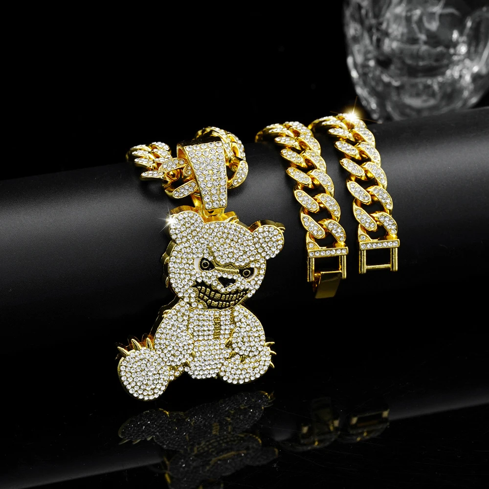 Collares con colgantes de oso agresivo de Hip Hop con cadena de eslabones cubanos de Miami, Gargantilla de oso marrón para hombres y mujeres, accesorios de joyería