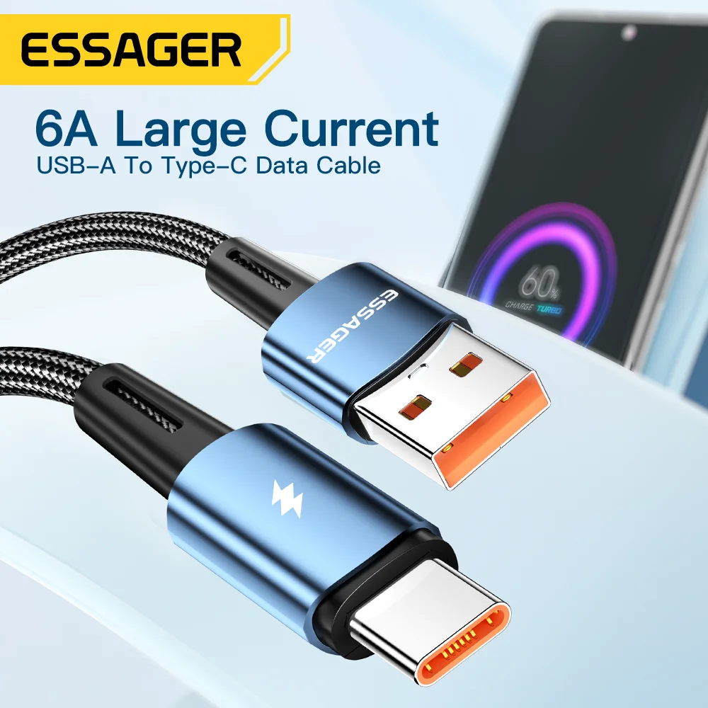 Essager 120W USB tipo C Cable para Xiaomi 12Pro 6A para Redmi K50 Note 11Pro Black Shark 5Pro USB Cables de carga rápida Cable de datos 2m