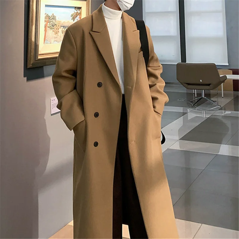 Abrigos de mezcla de lana para hombre, gabardina informal de negocios, Abrigo largo con cuello vuelto, rompevientos, moda de otoño e invierno