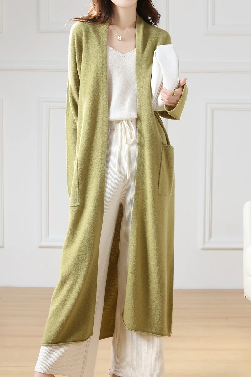 Gran oferta Otoño Invierno nuevo cárdigan de lana de 100% suéter de mujer con cuello en V sólido moda larga femenina suelta suave abrigo de punto de gran tamaño