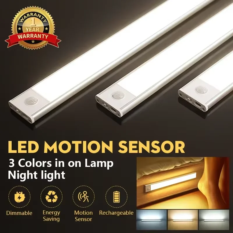 Luces de armario con Sensor de movimiento, luz LED nocturna regulable, tubo de luz Led recargable por USB inalámbrico para armario, lámpara de noche de 3 colores
