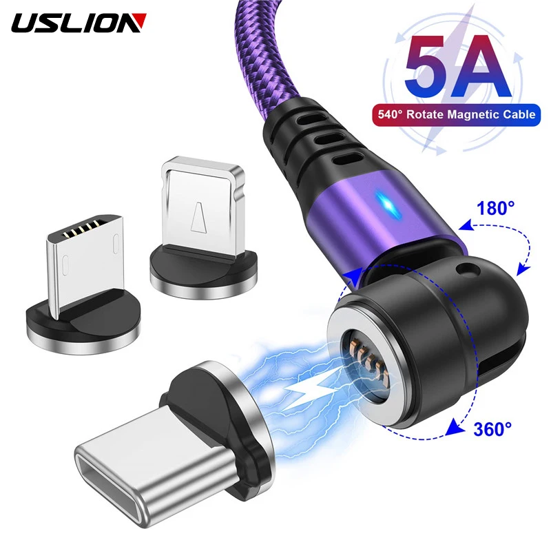Cable magnético USLION 540 giratorio 5A, Cable Micro USB tipo C de carga rápida para iPhone Xiaomi, Cable cargador magnético, Cable USB