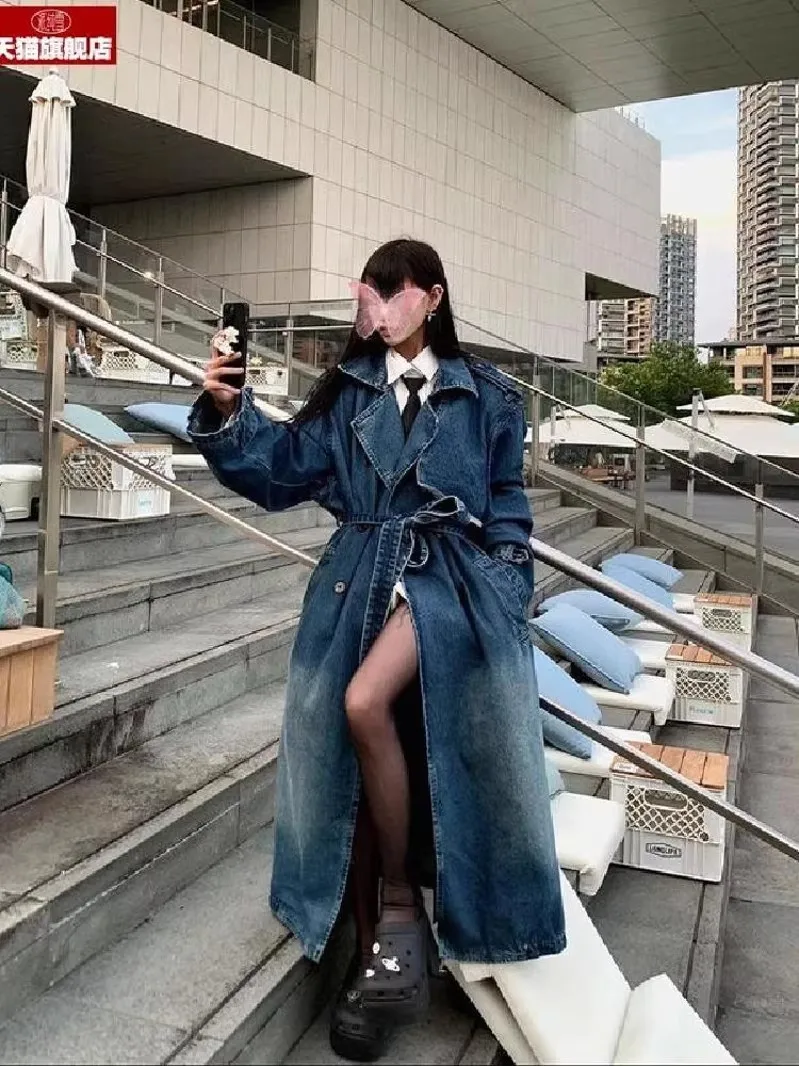 Gabardina cortavientos vaquera larga para mujer, abrigo vaquero Retro con doble botonadura, gabardina larga informal holgada de pierna ancha, otoño 2025