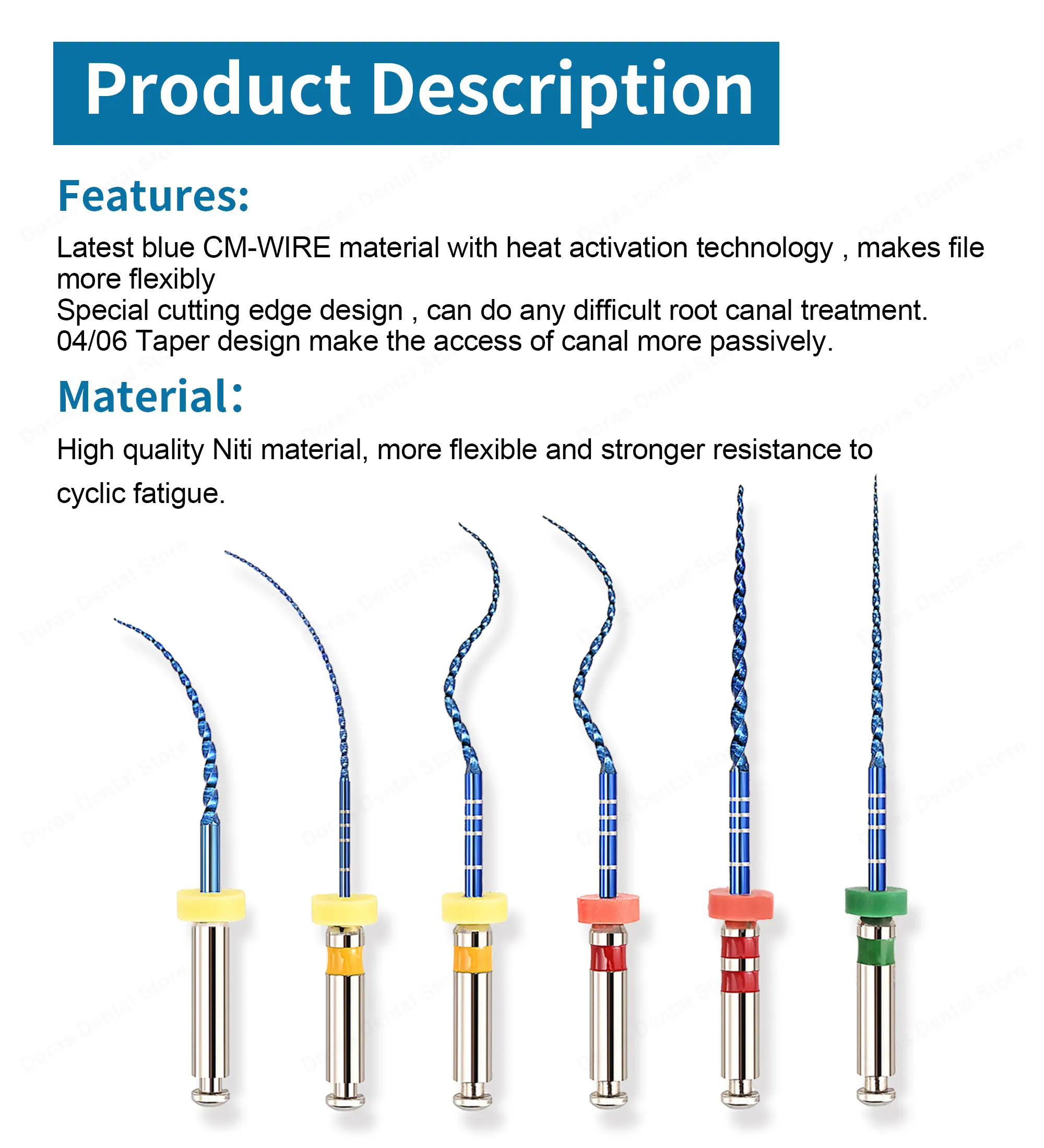 Limas Dentales Rotatorias de Níquel Titanio Glin para Endodoncia, Limas Dentales Azules para Limpieza de Conductos Radiculares, Activación por Calor, 21/25 mm