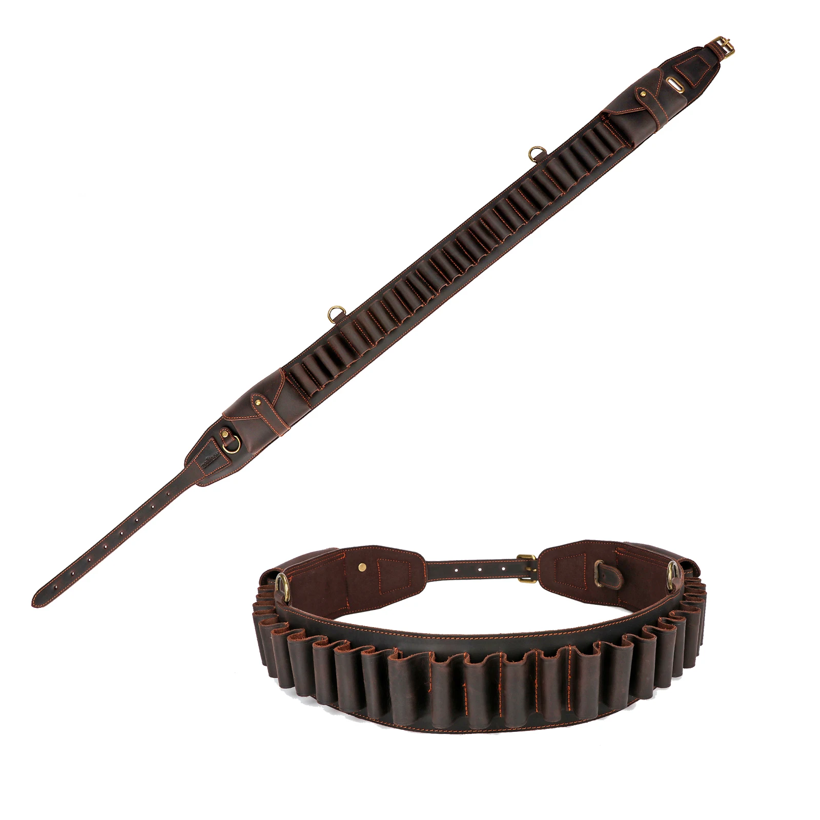 Tourbon-accesorios de caza, cartuchos de bandolera para pistola de calibre 12, cinturón, soporte para munición de cuero genuino marrón con bolsillo