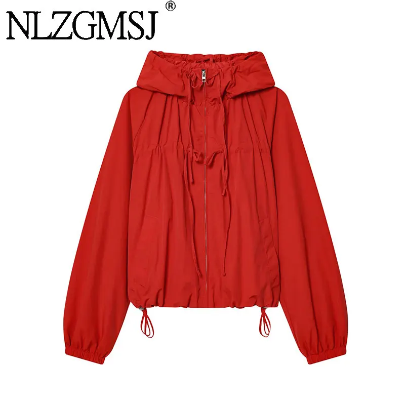 Nlzgmsj Chaqueta Casual con Capucha Roja para Mujer, Primavera 2026, Manga Larga, Cierre de Cremallera, Chaqueta Corta, Moda Y2K